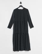 Asos Design Long Sleeve Tiered Smock Midi Dress In Black/nude Dots-multi
