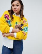 Asos Design Sweater With Floral Embroidery And Embellishment - Yellow