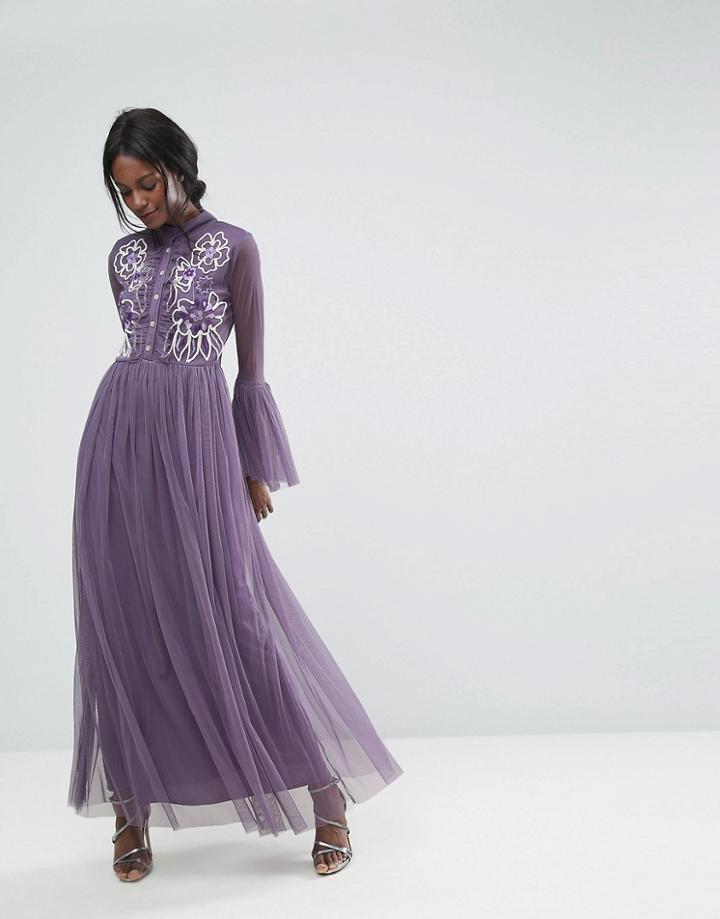 Lace & Beads Premium Mesh Maxi Dress With Frill Details And Embroidery - Gray