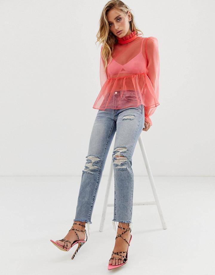 Asos Design Long Sleeve Sheer Organza High Neck Top With Peplum In Neon - Pink