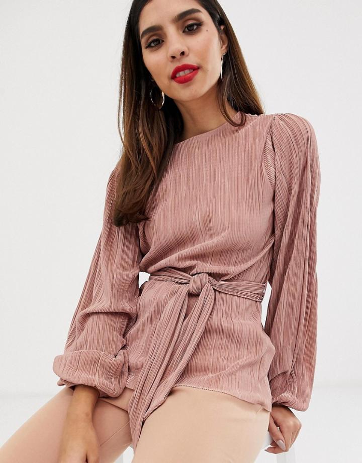 Asos Design Blouson Sleeve Top In Plisse With Tie Belt - Pink