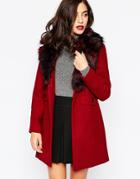 Warehouse Premium Faux Fur Collar Coat - Berry