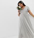 Maya Plus Bridesmaid V Neck Maxi Tulle Dress With Tonal Delicate Sequins In Soft Gray