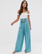 Asos Design Textured Wide Leg Pants With Buckle-blue