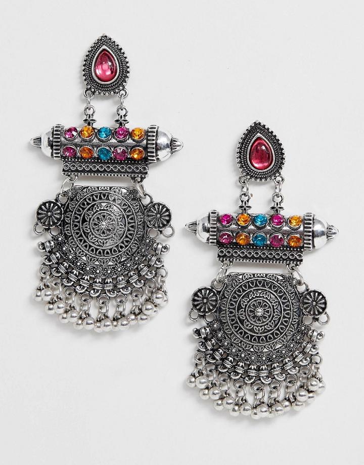 Asos Design Earrings With Etched Detail And Jewel Pops In Silver Tone - Multi