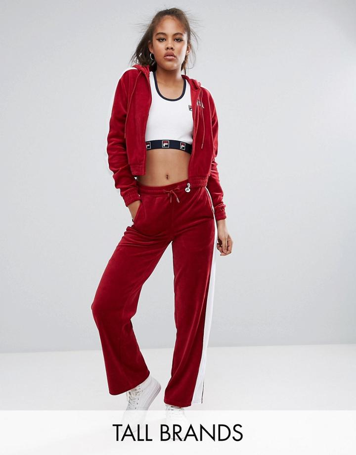 Fila Tall Velour Wide Leg Tracksuit Bottom With Racer Stripe Detail - Red