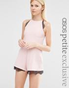 Asos Petite Cami Crepe Romper With Lace Inserts - Pink
