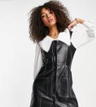 Reclaimed Vintage Inspired Leather Look Pinny Dress With Contrast Stitch In Black