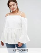 Asos Curve Denim Cold Shoulder Top With Pleated Peplum And Cuff Detail - White