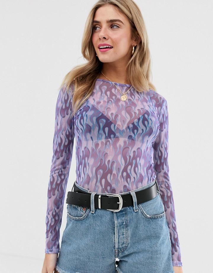 Daisy Street Long Sleeve Mesh Top In Flame Print - Purple