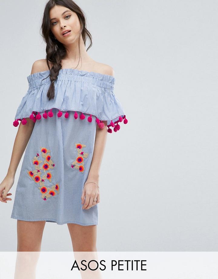 Asos Petite Stripe Off Shoulder Sundress With Embroidery And Pom Poms - Multi