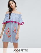 Asos Petite Stripe Off Shoulder Sundress With Embroidery And Pom Poms - Multi