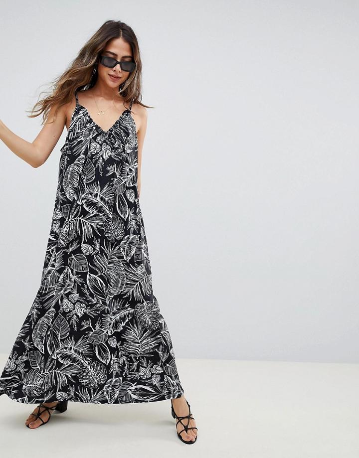 Asos Design Gathered Maxi Dress In Palm Print-multi