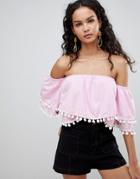 Qed London Off Shoulder Crop Top With Pom Pom Trim - Pink