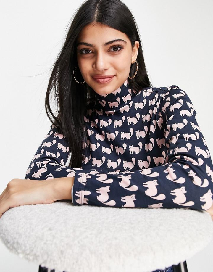 Monki Cotton Cat Print High Neck Top In Navy - Navy