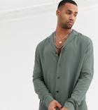 Asos Design Tall Relaxed Fit Viscose Shirt With Low Revere In Khaki