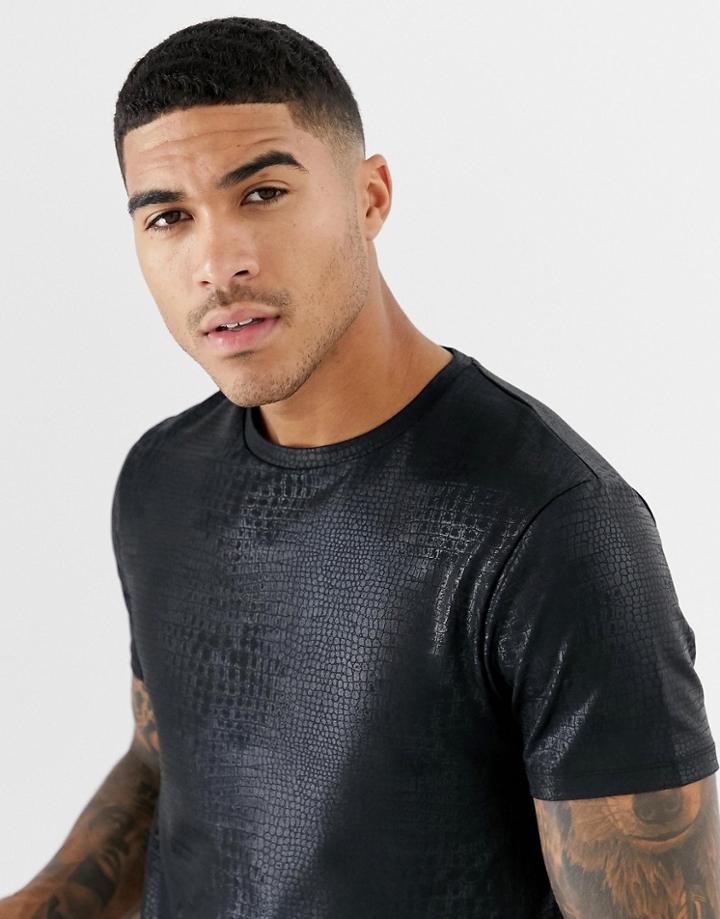 Asos Design Longline T-shirt In Snake Skin In Black - Black