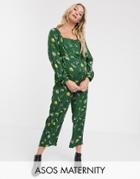 Asos Design Maternity Button Front Tie Waist Puff Sleeve Jumpsuit With Long Sleeves In Green Floral Print - Multi