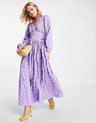 Asos Design Gathered Waist Maxi Dress In Seersucker In Lilac-purple