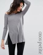 Asos Petite Off Shoulder Slouchy Top With Side Splits - Gray