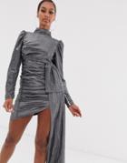 Lioness Empire Long Sleeve Knot Front Ruched Dress In Silver - Silver