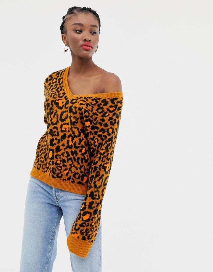 Asos Design Sweater With V Neck In Animal-multi