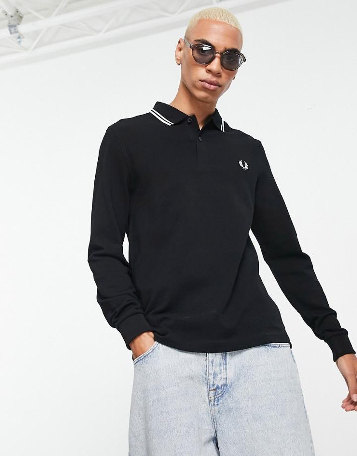 Fred Perry Twin Tipped Long Sleeve Polo Shirt In Black