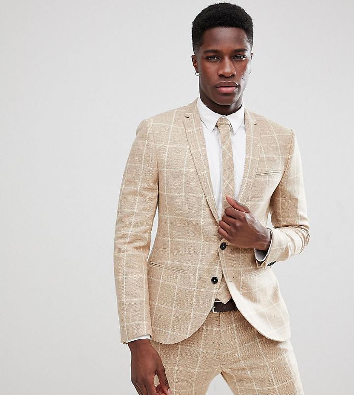 Noak Skinny Suit Jacket In Grid Check - Cream