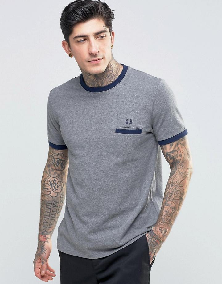 Fred Perry Ringer T-shirt With Chest Pocket In Gray Marl - Gray