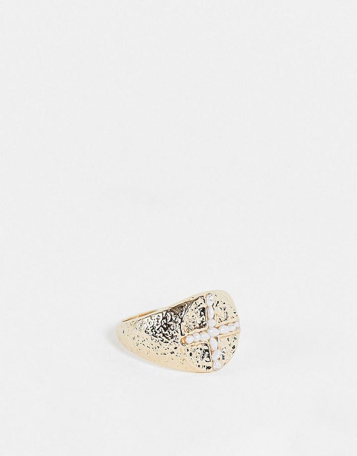 Topshop Faux Pearl Cross Signet Ring In Gold