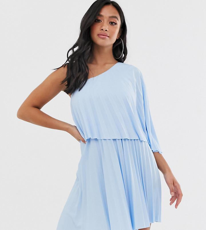 Asos Petite One Shoulder Pleated Crop Top Mini Dress-blue