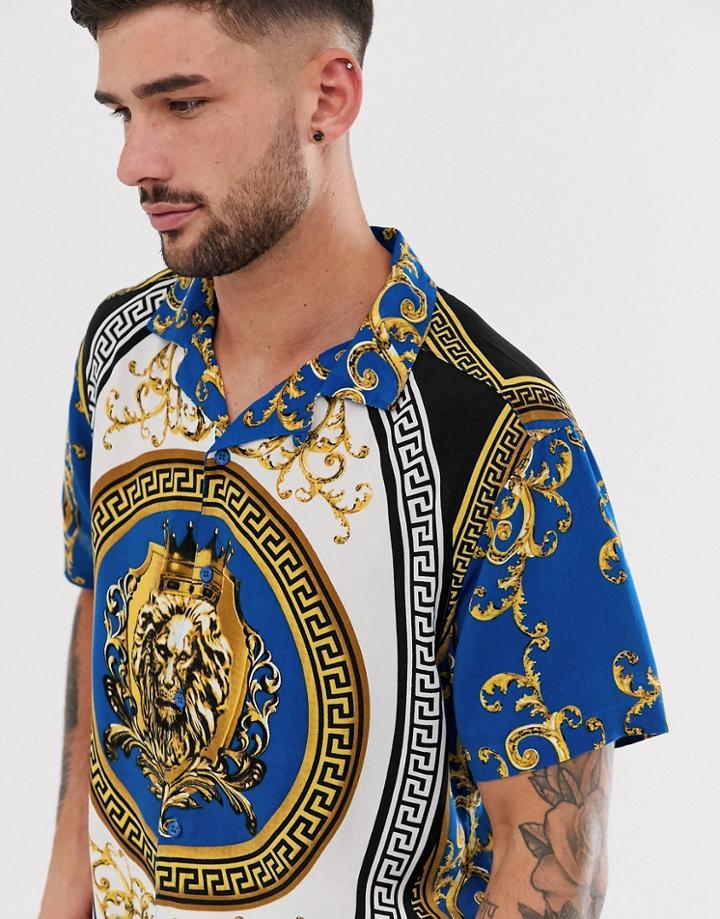 Brave Soul Boroque Short Sleeve Shirt - Blue