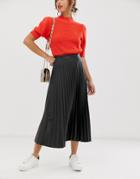 Asos Design Leather Look Pleated Midi Skirt - Black