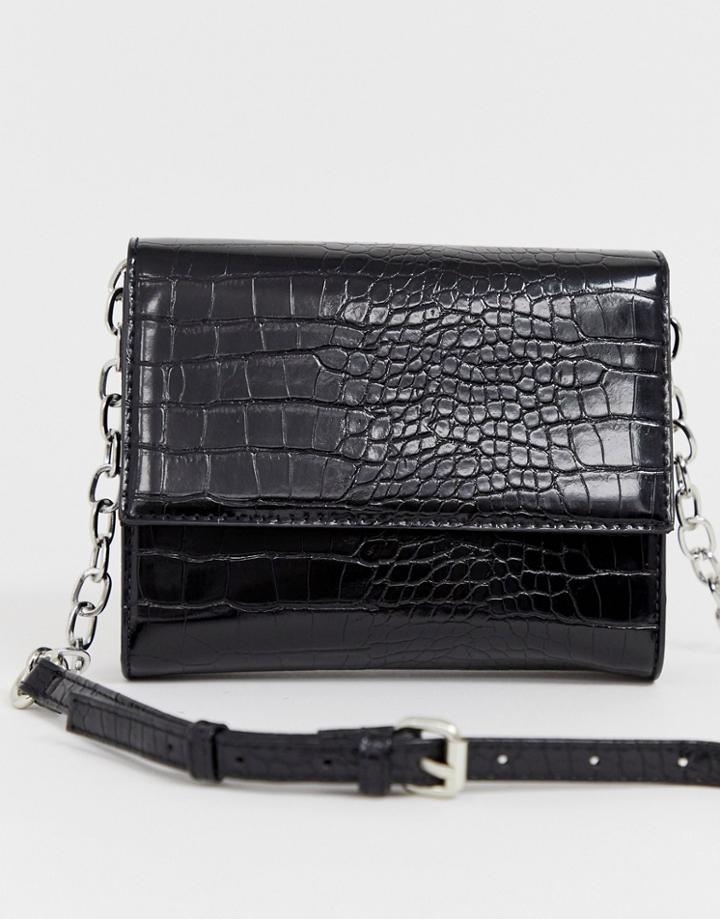 Bershka Faux Crocodile Cross Body Bag In Black - Black