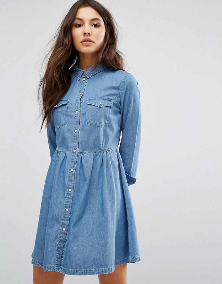 Only Denim Button Skater Dress - Blue