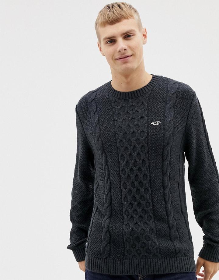 Hollister Icon Logo Cable Knit Sweater In Black Marl - Black