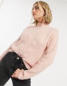 Vila High Neck Cable Knit Sweater In Pink