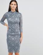 City Goddess High Neck Lace Midi Dress With 3/4 Sleeves - Gray