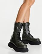 Asos Design Alicia Premium Leather Chunky Lace Up Boots In Khaki-green