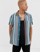 River Island Revere Collar Shirt With Stripes In Turquoise-blue