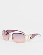 Asos Design Rimless 90s Sunglasses In Pink Lens With Butterfly Temple-gold