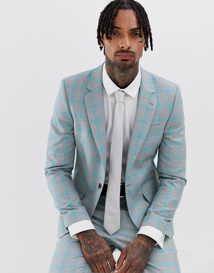 Asos Design Skinny Suit Jacket In Color Pop Gray Check - Gray