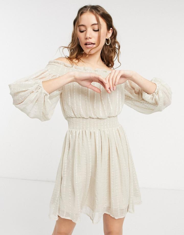 Asos Design Off Shoulder Mini Dress With Blouson Sleeve In Self Stripe Cream-white