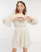 Asos Design Off Shoulder Mini Dress With Blouson Sleeve In Self Stripe Cream-white