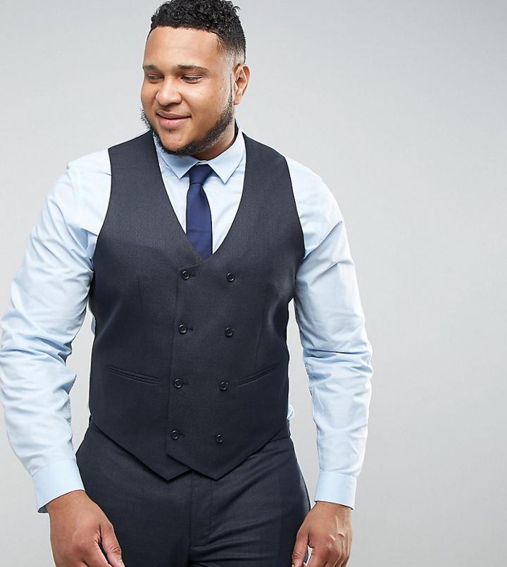 Asos Plus Wedding Skinny Suit Vest In Blue Micro Woven Texture - Blue