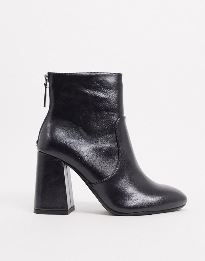 Pull & Bear Faux Leather Heeled Ankle Boot In Black