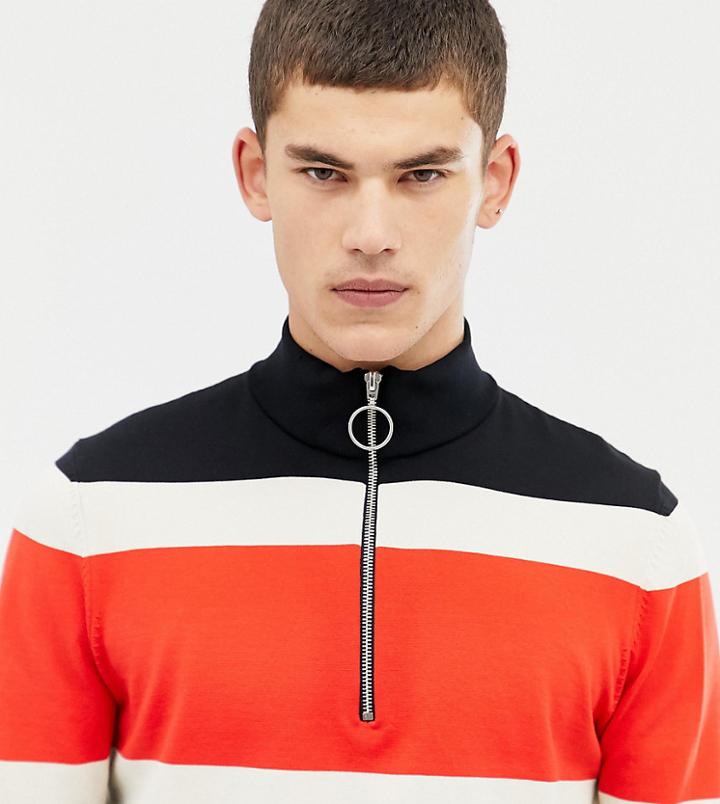Collusion Tall Sweater With Half Zip In Color Block Stripe - Black