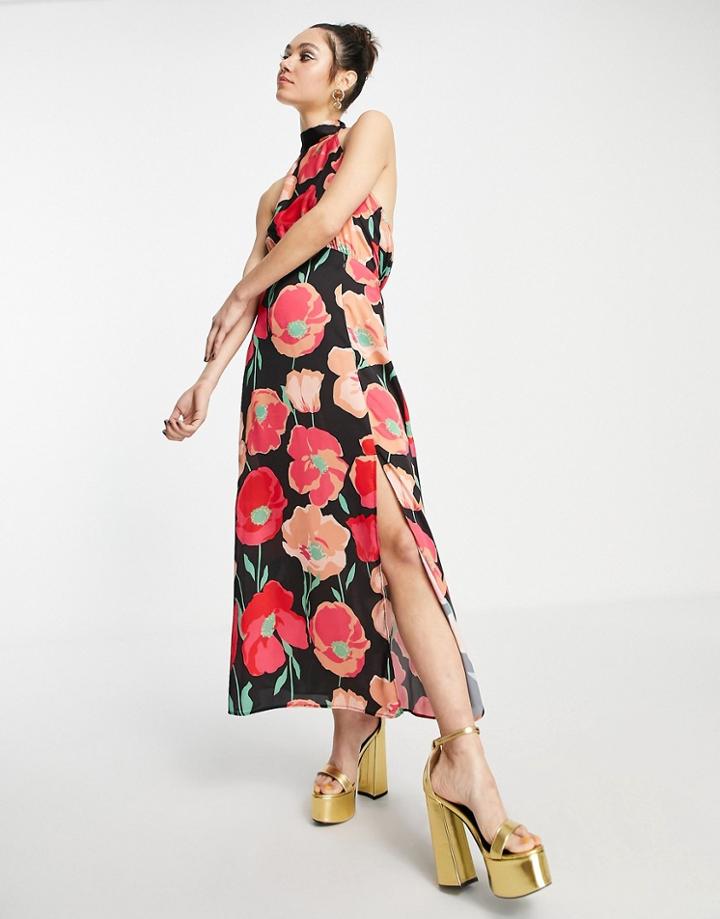 Topshop Recycled Blend Polyester Halter Neck Satin Midi Dress With In Bold Floral-multi