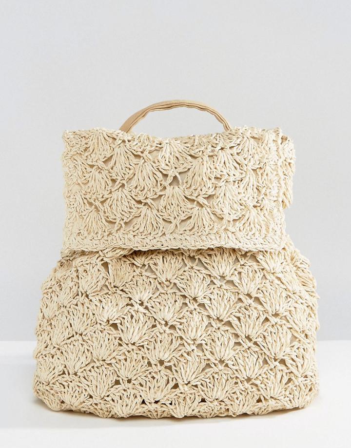 Reclaimed Vintage Inspired Drawstring Straw Backpack - Beige