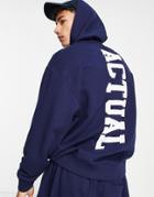 Asos Actual Oversized Hoodie With Back Logo Print And Printed Drawcords In Blue - Part Of A Set-blues